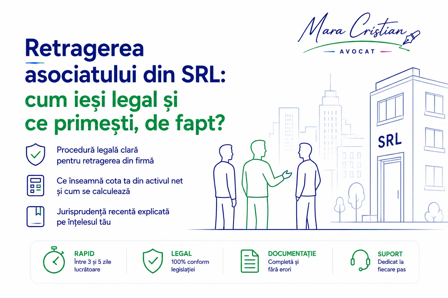 Retragerea asociatului din SRL: cele patru căi din art. 226 și cine plătește partea socială